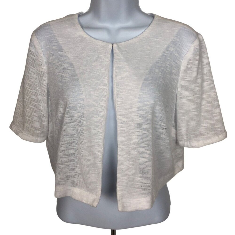 Perception Cardigan Women Size M White Semi Sheer Round Neckline Short Sleeves